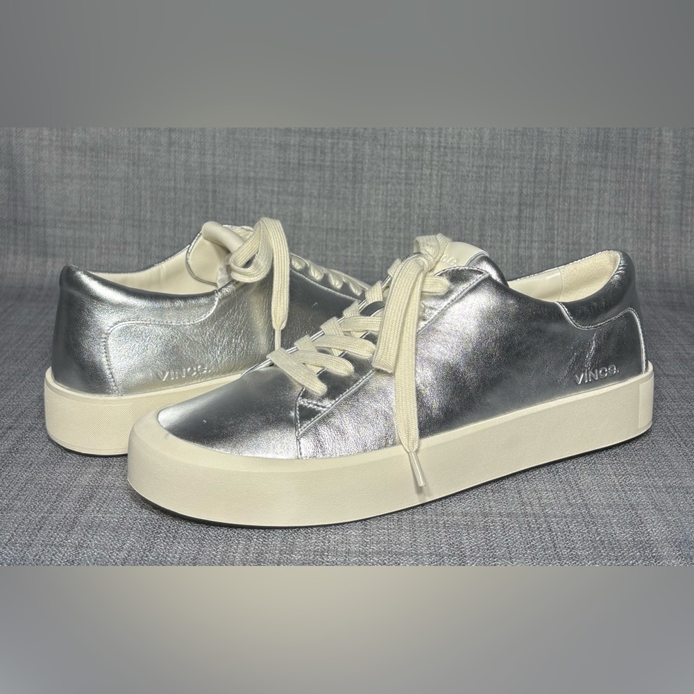 Vince Gabi Lace-Up Low Top Sneaker Silver Leather - Picture 2 of 7